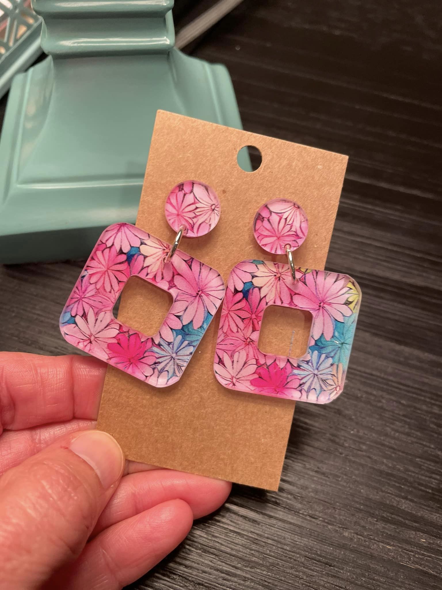 Square Cutout Pink Floral Dangles