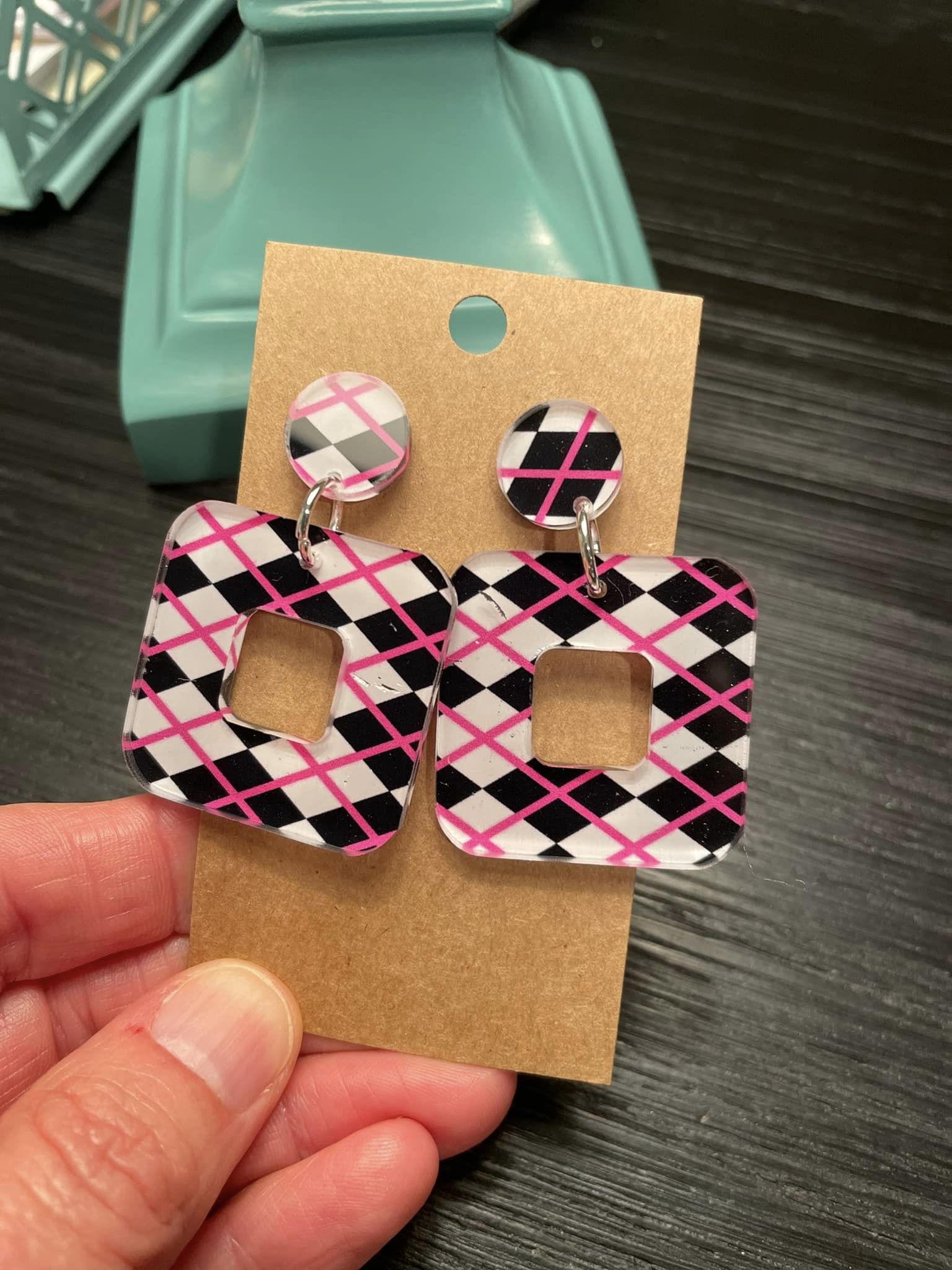 Square Cutout Pink Black Argyle Dangles