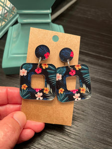 Square Cutout Black Tropical Floral Dangles